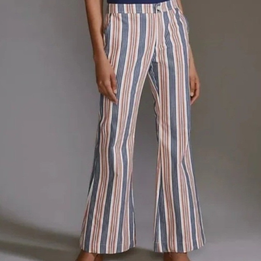 Anthropologie Striped Mid Rise Flare Pants 4 Retro Coastal 70s Style Bell Bottom - Picture 2 of 9